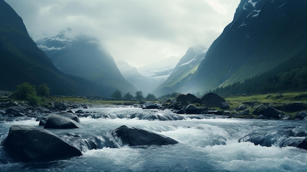 Foto un fiume sullo sfondo di un paesaggio montuoso