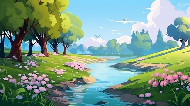 the river bank with flowers trees and blue clear sky video game design