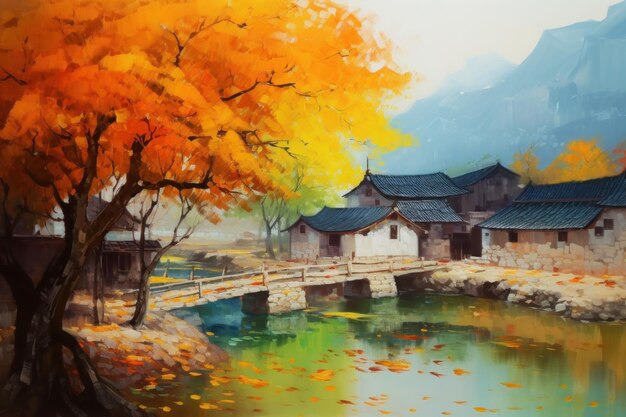 River bridge china autumn Generate Ai