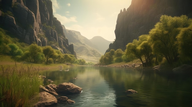 A river in a canyon with mountains in the background