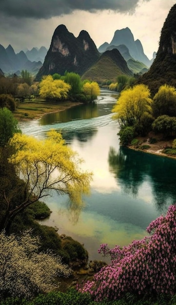 A river in china with a mountain in the background