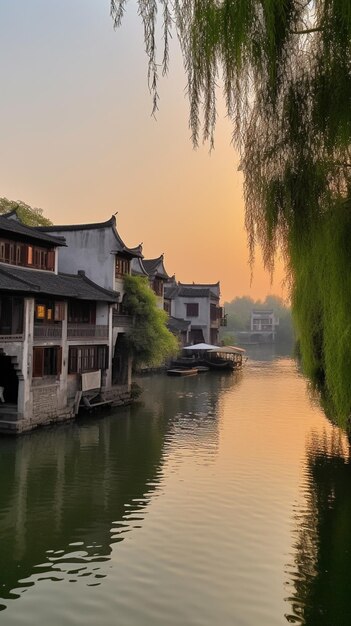 Photo a river in the city of hangzhou