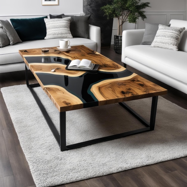 River coffee table black epoxy and olive wood with contemporary black metal legs office meeting