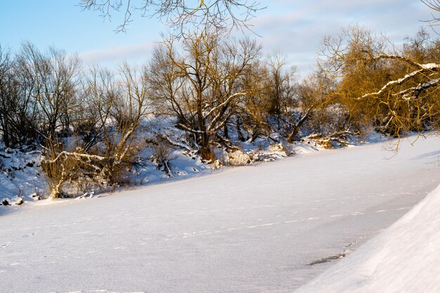 서리가 내린 겨울 날 얼음으로 완전히 뒤덮인 강. 겨울 눈 덮인 풍경입니다. 가로 사진입니다.