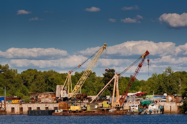 River cranes on a dock