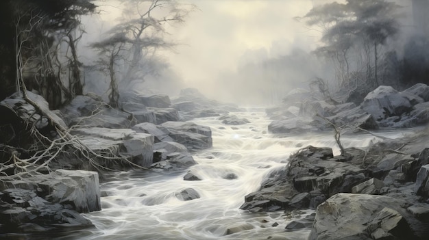 Photo the river of the damned a realistic yet ethereal painting by ben jacobson