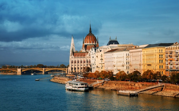 A River Danube in Budapest past the Parliament building and Margaret Bridge in summer time