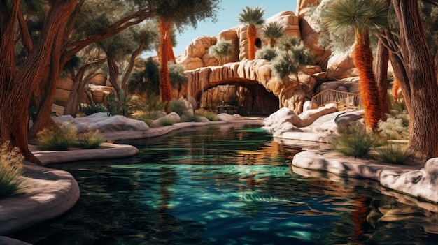 A river in the desert with a bridge in the background