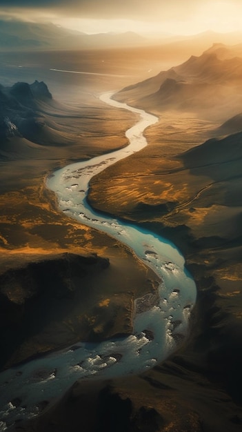 A river in the desert with a golden glow.