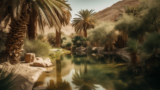 A river in the desert with palm trees and mountains in the background