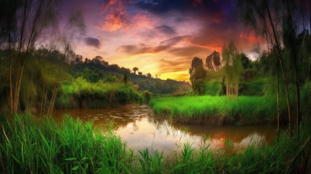 A river in a field with a sunset