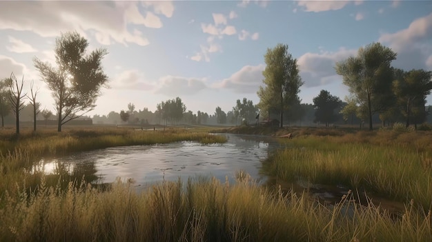 A river in a field with trees and a sky background