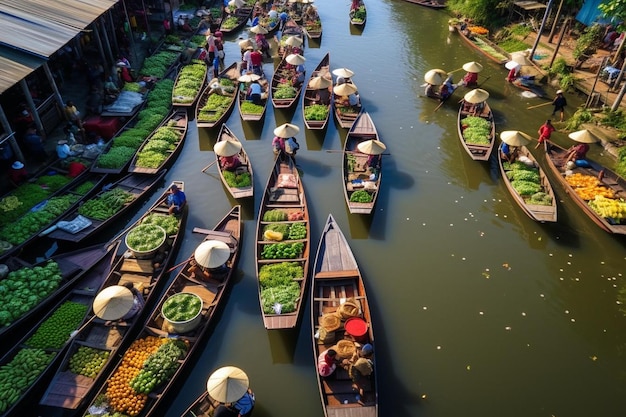 a river filled with lots of boats filled with vegetables