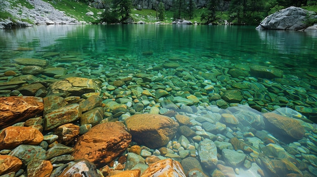 Foto un fiume pieno di rocce vicino alla foresta