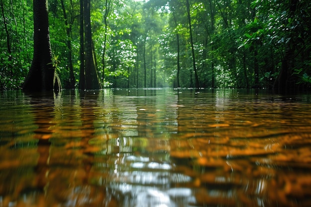 Foto in un fiume inondato di foresta tropicale illuminato dal sole