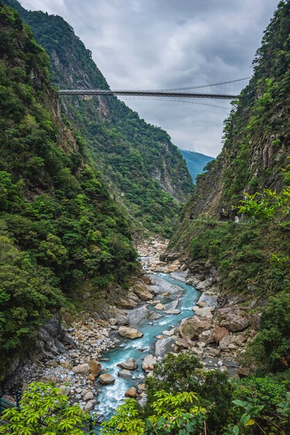 River flowing amidst mountains against sky