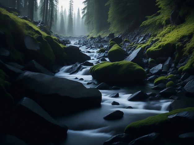 river flowing through the forest calm moody nature background long exposure peaceful green enviro