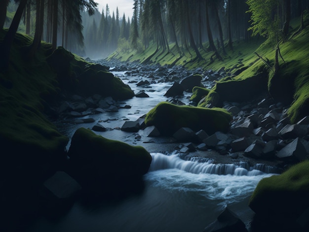 river flowing through the forest calm moody nature background long exposure peaceful green enviro