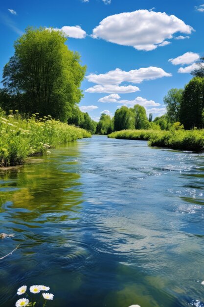 Photo river flowing through a green landscape