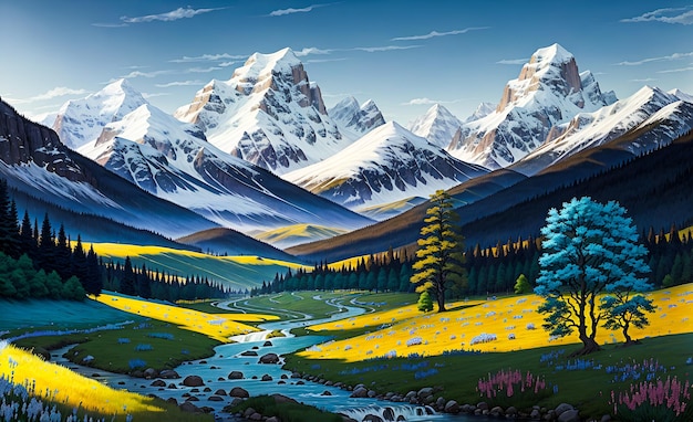 눈 덮인 산이 있는 언덕에서 푸른 목초지를 흐르는 강 풍경 배경 벽 예술