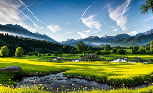 River flowing through green pasture fieds from the hills with snow covered mountains Landscape Background wall art