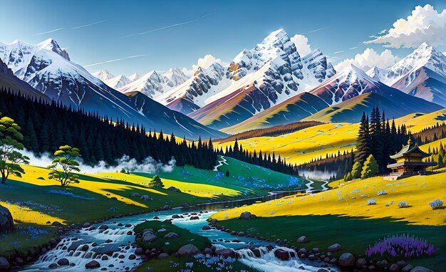 River flowing through green pasture fieds from the hills with snow covered mountains Landscape Background wall art