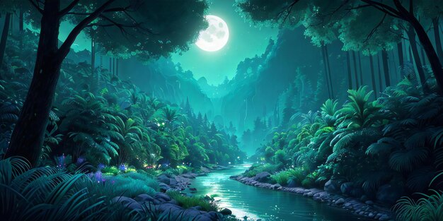 A river flowing through a lush green forest