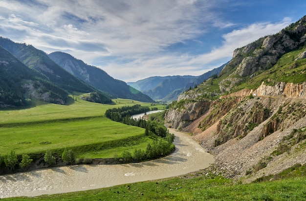 Fiume che scorre in una valle tra le montagne