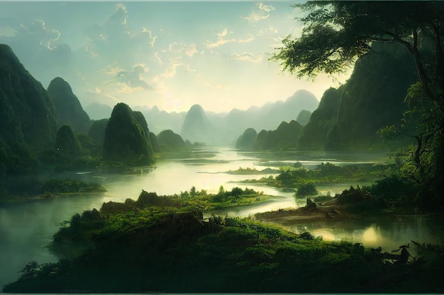 The river flows among hills covered with greenery 3D rendering