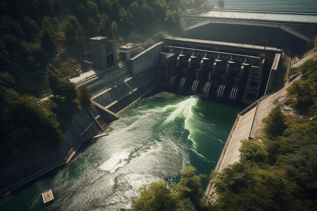 A river flows through a dam with a green forest in the background.