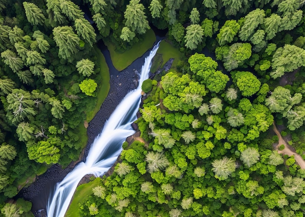 A river flows through a forest with green trees and a river in the foreground.