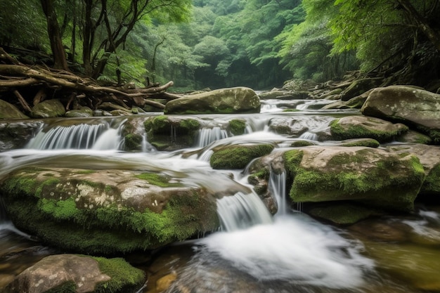 A river flows through a forest with mossy rocks and a green tree.