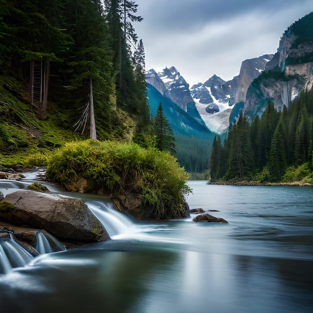 A river flows through a forest with a mountain in the background.