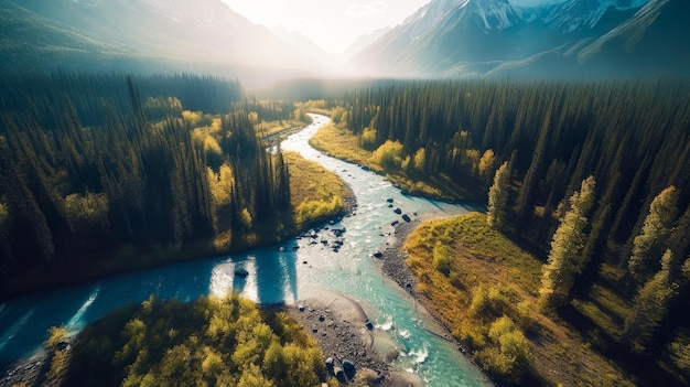 A river flows through a forest with mountains in the background