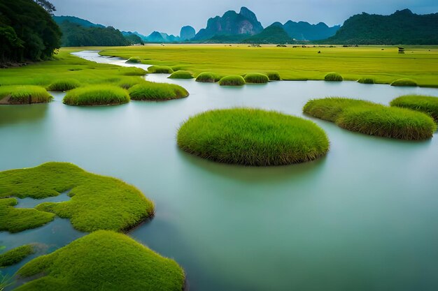 a river flows through a green landscape with mountains in the background.