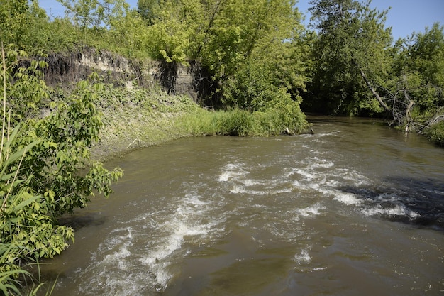 The river flows through the urban area with overgrown banks Ulyanovsk Russia