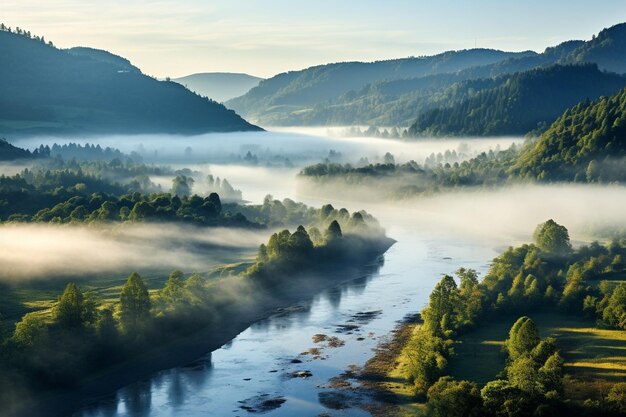 River in foggy mountains landscape