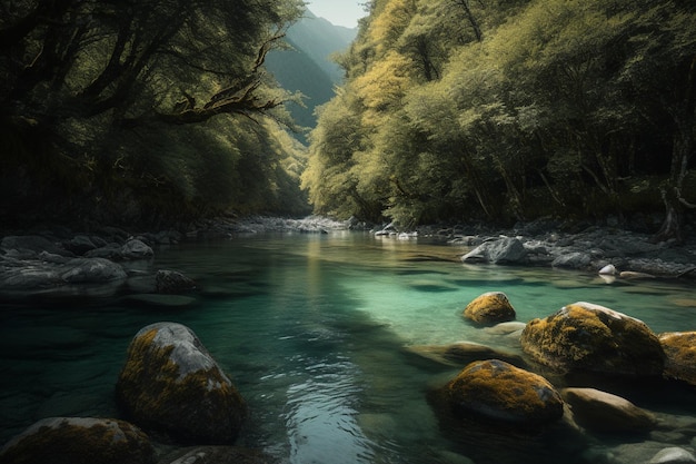 A river in the forest with a blue river and green trees.