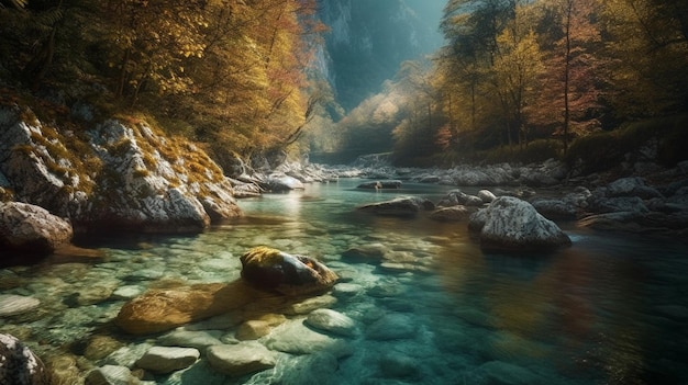 A river in the forest with a colorful background and a forest with trees and leaves.