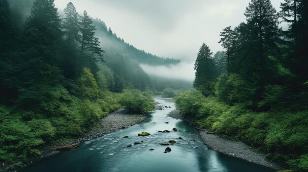 A river in the forest with a foggy background