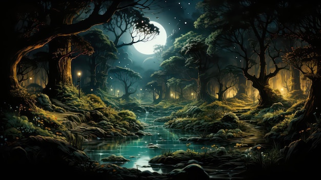 満月を背景にした森の中の川。