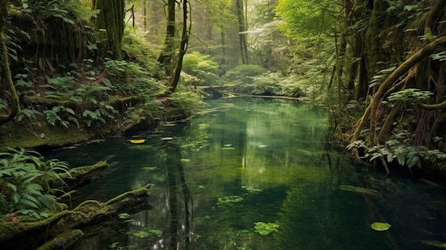 Река в лесу с зеленым лесом на заднем плане
