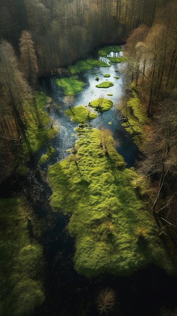 A river in the forest with a green patch of grass