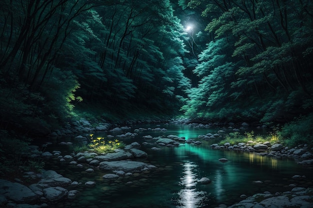 A river in a forest with a moon on the bottom