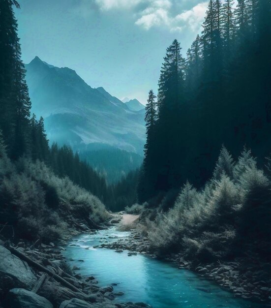 A river in a forest with a mountain in the background.