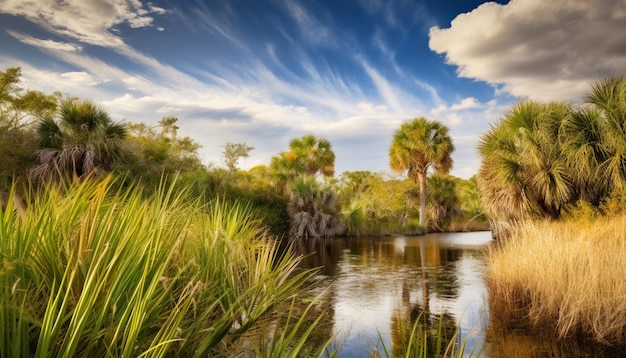 A river in the forest with palm trees in the background