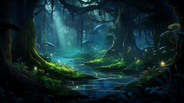 강과 숲의 불빛이 있는 숲속의 강