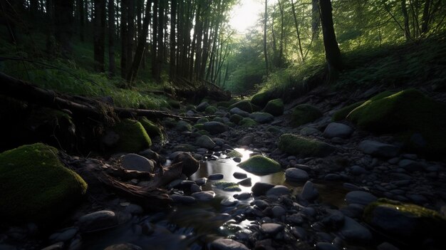 A river in the forest with rocks and trees