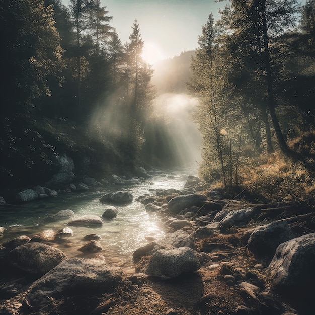 A river in the forest with the sun shining on it