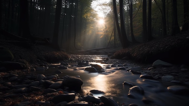 A river in the forest with the sun shining through the trees